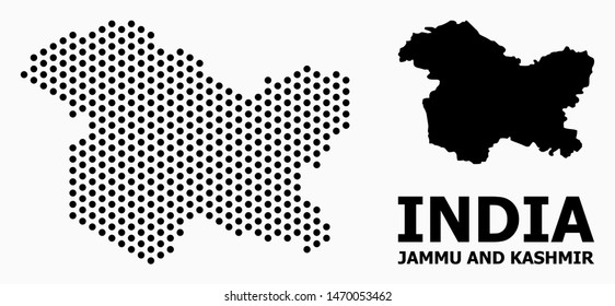 Dotted map of Jammu and Kashmir State composition and solid illustration. Vector map of Jammu and Kashmir State composition of spheric elements with hexagonal periodic order on a white background.