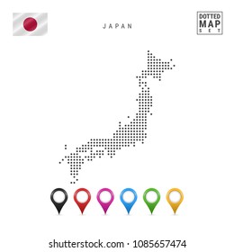 Dotted Map of Japan. Simple Silhouette of Japan. The National Flag of Japan. Set of Multicolored Map Markers. Vector Illustration Isolated on White Background.
