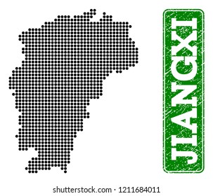 Dotted Map of Jiangxi Province and rubber caption. Vector green title inside rounded rectangle and retro rubber texture. Pixelated Map of Jiangxi Province designed with black pattern of round dots.