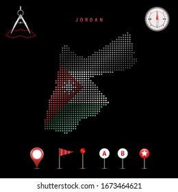 Dotted map of Jordan painted in the colors of the national flag of Jordan. Waving flag effect. Map tools, set of cartographic icons. Vector illustration
