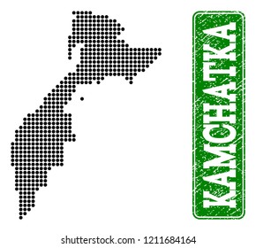 Dotted map of Kamchatka Peninsula and textured caption. Vector green title inside rounded rectangle and retro rubber texture.