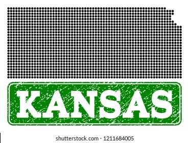Dotted map of Kansas State and rubber caption. Vector green title inside rounded rectangle and grunge rubber texture. Pixelated map of Kansas State constructed with black pattern of round dots.