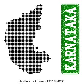Dotted map of Karnataka State and corroded caption. Vector green title inside rounded rectangle and corroded rubber texture. Pixelated map of Karnataka State designed with black pattern of round dots.