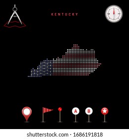 Dotted map of Kentucky painted in the colors of the national flag of the United States. Waving flag effect. Map tools, set of cartographic icons. Vector illustration