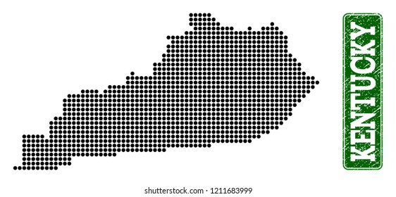 Dotted map of Kentucky State and rubber caption. Vector green title inside rounded rectangle and distress rubber texture. Pixelated map of Kentucky State constructed with black pattern of round dots.