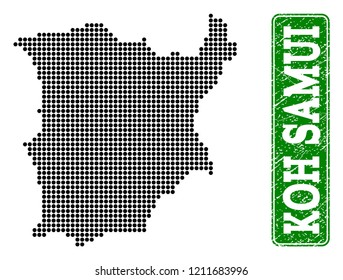Dotted map of Koh Samui and unclean caption. Vector green title inside rounded rectangle and unclean rubber texture. Pixelated map of Koh Samui constructed with black pattern of round dots.