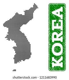Dotted map of Korea and rubber caption. Vector green title inside rounded rectangle and distress rubber texture. Pixelated map of Korea constructed with black pattern of round dots.