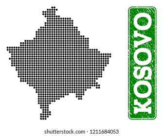 Dotted map of Kosovo and corroded caption. Vector green title inside rounded rectangle and corroded rubber texture. Pixelated map of Kosovo designed with black pattern of round dots.