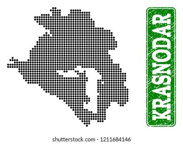 Dotted map of Krasnodar Krai and rubber caption. Vector green title inside rounded rectangle and corroded rubber texture. Pixelated map of Krasnodar Krai designed with black pattern of round dots.