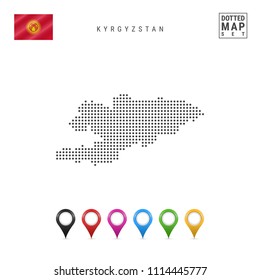 Dotted Map of Kyrgyzstan. Simple Silhouette of Kyrgyzstan. The National Flag of Kyrgyzstan. Set of Multicolored Map Markers. Vector Illustration Isolated on White Background.