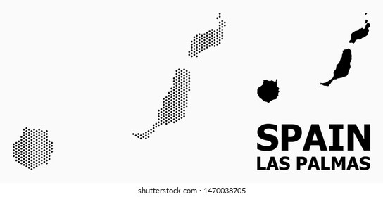 Dotted map of Las Palmas Province mosaic and solid illustration. Vector map of Las Palmas Province combination of round items with honeycomb geometric array on a white background.