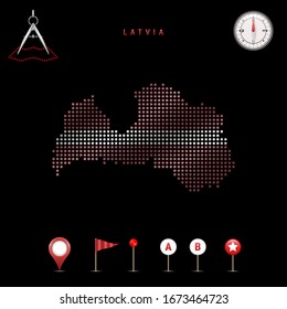 Dotted map of Latvia painted in the colors of the national flag of Latvia. Waving flag effect. Map tools, set of cartographic icons. Vector illustration