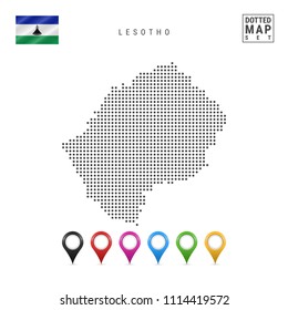 Dotted Map of Lesotho. Simple Silhouette of Lesotho. The National Flag of Lesotho. Set of Multicolored Map Markers. Vector Illustration Isolated on White Background.