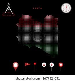 Dotted map of Libya painted in the colors of the national flag of Libya. Waving flag effect. Map tools, set of cartographic icons. Vector illustration