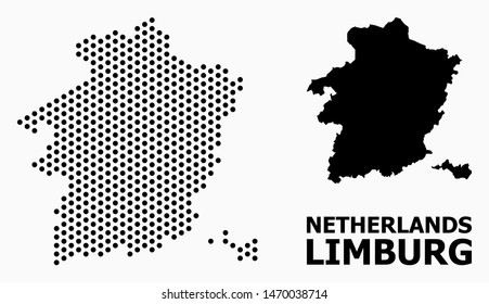 Dotted map of Limburg Province composition and solid illustration. Vector map of Limburg Province composition of spheric dots with hexagonal periodic pattern on a white background.