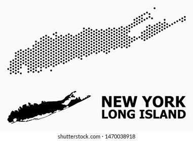 Dotted map of Long Island composition and solid illustration. Vector map of Long Island composition of spheric points with honeycomb geometric array on a white background.