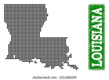 Dotted map of Louisiana State and grunge caption. Vector green title inside rounded rectangle and grunge rubber texture. Pixelated map of Louisiana State constructed with black pattern of round dots.