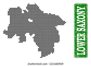 Dotted map of Lower Saxony State and rubber caption. Vector green title inside rounded rectangle and distress rubber texture.