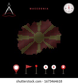 Dotted map of Macedonia painted in the colors of the national flag of Macedonia. Waving flag effect. Map tools, set of cartographic icons. Vector illustration