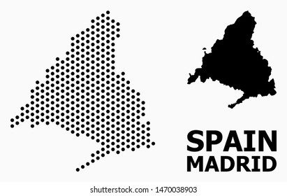 Dotted map of Madrid Province composition and solid illustration. Vector map of Madrid Province composition of round elements with honeycomb periodic order on a white background.