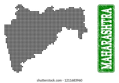 Dotted map of Maharashtra State and corroded caption. Vector green title inside rounded rectangle and corroded rubber texture.