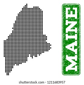 Dotted map of Maine State and rubber caption. Vector green title inside rounded rectangle and corroded rubber texture. Pixelated map of Maine State constructed with black pattern of round dots.