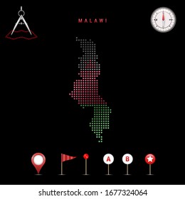 Dotted map of Malawi painted in the colors of the national flag of Malawi. Waving flag effect. Map tools, set of cartographic icons. Vector illustration