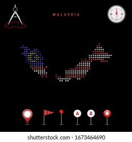 Dotted map of Malaysia painted in the colors of the national flag of Malaysia. Waving flag effect. Map tools, set of cartographic icons. Vector illustration