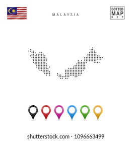 Dotted Map of Malaysia. Simple Silhouette of Malaysia. The National Flag of Malaysia. Set of Multicolored Map Markers. Vector Illustration Isolated on White Background.