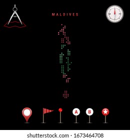 Dotted map of Maldives painted in the colors of the national flag of Maldives. Waving flag effect. Map tools, set of cartographic icons. Vector illustration