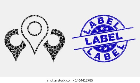 Dotted map markers mosaic pictogram and Label seal stamp. Blue vector rounded grunge seal stamp with Label phrase. Vector collage in flat style. Black isolated map markers mosaic of random circles,