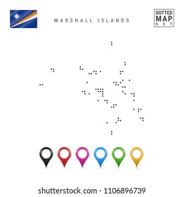 Dotted Map of Marshall Islands. Simple Silhouette of Marshall Islands. The National Flag of Marshall Islands. Set of Multicolored Map Markers. Vector Illustration Isolated on White Background.