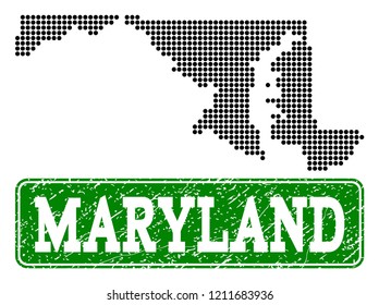 Dotted map of Maryland State and rubber caption. Vector green title inside rounded rectangle and unclean rubber texture. Pixelated map of Maryland State constructed with black pattern of round dots.