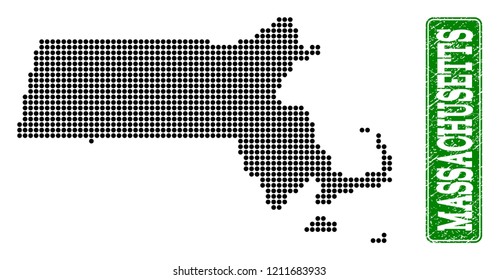 Dotted map of Massachusetts State and rubber caption. Vector green title inside rounded rectangle and distress rubber texture.