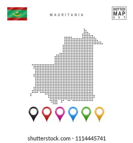 Dotted Map of Mauritania. Simple Silhouette of Mauritania. The National Flag of Mauritania. Set of Multicolored Map Markers. Vector Illustration Isolated on White Background.