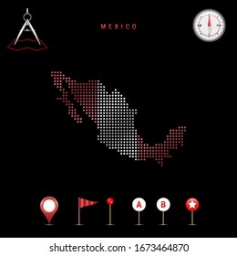 Dotted map of Mexico painted in the colors of the national flag of Mexico. Waving flag effect. Map tools, set of cartographic icons. Vector illustration