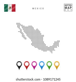 Dotted Map of Mexico. Simple Silhouette of Mexico. The National Flag of Mexico. Set of Multicolored Map Markers. Vector Illustration Isolated on White Background.
