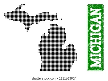 Dotted map of Michigan State and grunge caption. Vector green title inside rounded rectangle and grunge rubber texture. Pixelated map of Michigan State constructed with black pattern of round dots.