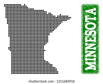 Dotted map of Minnesota State and rubber caption. Vector green title inside rounded rectangle and distress rubber texture. Pixelated map of Minnesota State designed with black pattern of round dots.