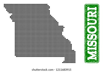 Dotted map of Missouri State and rubber caption. Vector green title inside rounded rectangle and retro rubber texture. Pixelated map of Missouri State constructed with black pattern of round dots.