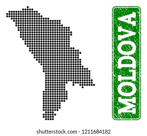 Dotted map of Moldova and scratched caption. Vector green title inside rounded rectangle and scratched rubber texture. Pixelated map of Moldova constructed with black pattern of round dots.