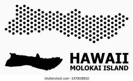Dotted map of Molokai Island composition and solid illustration. Vector map of Molokai Island composition of spheric elements with honeycomb periodic array on a white background.