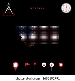 Dotted map of Montana painted in the colors of the national flag of the United States. Waving flag effect. Map tools, set of cartographic icons. Vector illustration