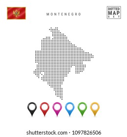 Dotted Map of Montenegro. Simple Silhouette of Montenegro. The National Flag of Montenegro. Set of Multicolored Map Markers. Vector Illustration Isolated on White Background.
