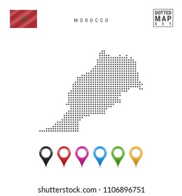 Dotted Map of Morocco. Simple Silhouette of Morocco. The National Flag of Morocco. Set of Multicolored Map Markers. Vector Illustration Isolated on White Background.