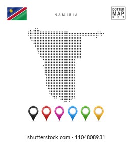 Dotted Map of Namibia. Simple Silhouette of Namibia. The National Flag of Namibia. Set of Multicolored Map Markers. Vector Illustration Isolated on White Background.