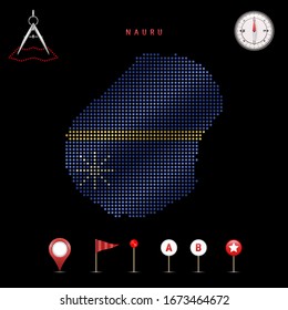 Dotted map of Nauru painted in the colors of the national flag of Nauru. Waving flag effect. Map tools, set of cartographic icons. Vector illustration