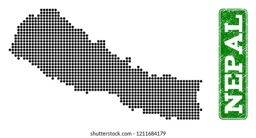 Dotted map of Nepal and grunge caption. Vector green title inside rounded rectangle and unclean rubber texture. Pixelated map of Nepal constructed with black pattern of round dots.