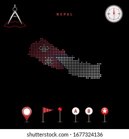 Dotted map of Nepal painted in the colors of the national flag of Nepal. Waving flag effect. Map tools, set of cartographic icons. Vector illustration