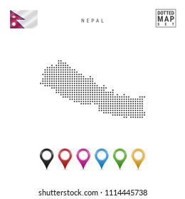 Dotted Map of Nepal. Simple Silhouette of Nepal. The National Flag of Nepal. Set of Multicolored Map Markers. Vector Illustration Isolated on White Background.